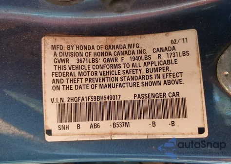 2011 Honda Civic Lx из США, поврежденный, VIN 2HGFA1F59BH549017